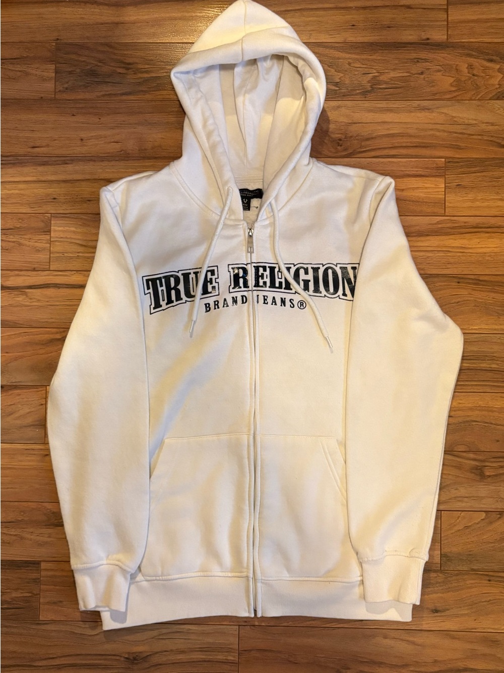 True Religion light beige Zip-Up Hoodie with Black Logo